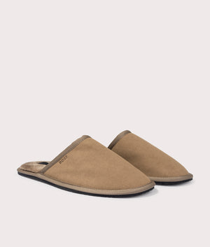 BOSS Home Slippers for Men in Medium Beige at EQVVS. Angle Shot