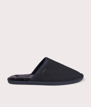 Home Slippers in Black from BOSS. Side angle shot at EQVVS.