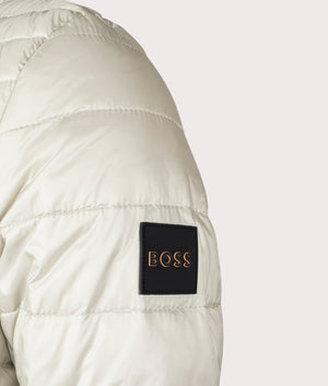 Oden1 Jacket by BOSS in Light Beige. Shot at EQVVS. Detail shot. 