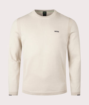 BOSS Ever-X Crew Jumper in Light Beige. Shot at EQVVS. Front shot. 
