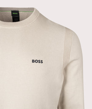 BOSS Ever-X Crew Jumper in Light Beige. Shot at EQVVS. Detail shot. 
