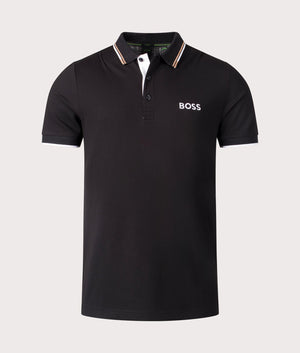 BOSS Paddy Pro Polo Shirt in Back, Cotton rich blend. At EQVVS Menswear. Front detail shot