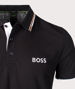 BOSS Paddy Pro Polo Shirt in Back, Cotton rich blend. At EQVVS Menswear. Front logo shot