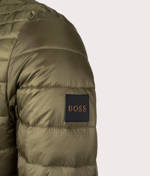 BOSS Slim Fit Oden1  Quilted Jacket in Open Green. EQVVS Detail Shot.