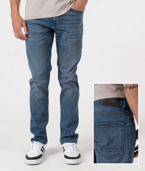 BOSS Slim Fit Delaware BC-C Jeans in Medium Blue. Front model and Detail shot at EQVVS.