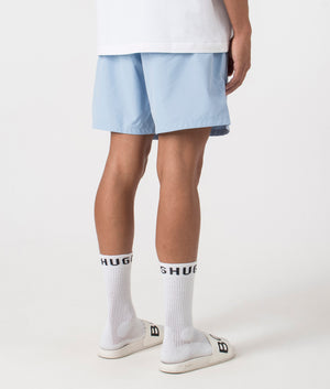 Dolphin Swim Shorts in pastel blue by BOSS. Shot at EQVVS. Reverse shot. 