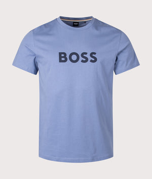 BOSS Round Neck T-Shirt in Open Blue. Front angle shot at EQVVS.