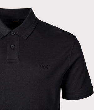 Pe Interlock Polo Shirt in Black by BOSS. EQVVS shot.