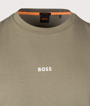 BOSS Relaxed Fit TChup T-Shirt in Open Green. Detail angle shot at EQVVS.