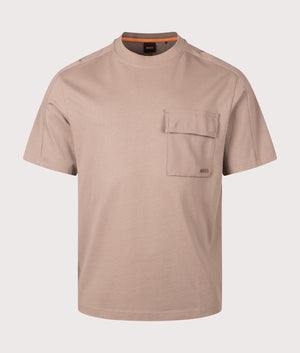 BOSS Relaxed Fit Te PocketCargo T-Shirt in Open Brown. Front angle shot at EQVVS.