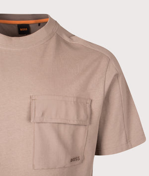 BOSS Relaxed Fit Te PocketCargo T-Shirt in Open Brown. Detail angle shot at EQVVS.