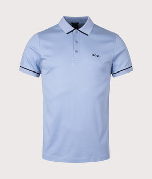 BOSS Slim Fit Paule Polo Shirt in Open Blue. Front angle shot at EQVVS.