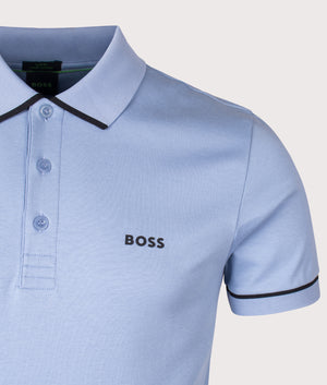 BOSS Slim Fit Paule Polo Shirt in Open Blue. Detail angle shot at EQVVS.