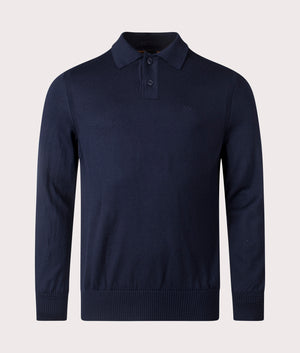 Avac Knitted Polo Shirt in Dark Blue from BOSS. Front angle shot at EQVVS.