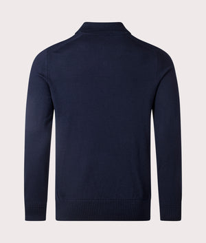 Avac Knitted Polo Shirt in Dark Blue from BOSS. Back angle shot at EQVVS.