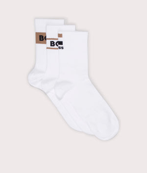 BOSS 3 Pack QS Iconic Socks Gift Set in White with Black and Beige branding. EQVVS Flat Shot.