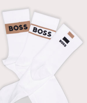 BOSS 3 Pack QS Iconic Socks Gift Set in White with Black and Beige branding. EQVVS Laid Shot.