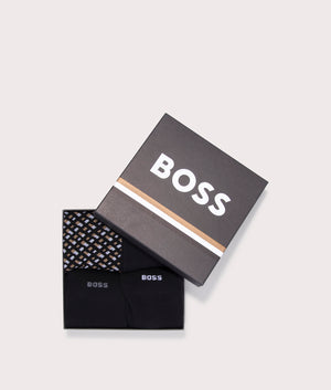 BOSS 4 Pack RS Monogramed Socks in Black with Beige and White details. EQVVS Gift Box Shot.