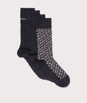 BOSS 4 Pack RS Monogramed Socks in Black with Beige and White details. EQVVS Flat Shot.