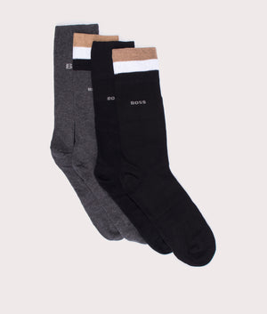 BOSS 4 Pack RS Iconic Socks Gift Set in Black and Grey with White and Beige branding. EQVVS Flat Shot.