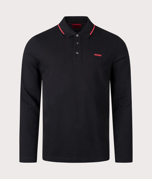 HUGO Derriko Long Sleeve Polo Shirt in Black, 100% Cotton. At EQVVS Menswear. Front detail shot