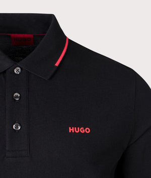 HUGO Derriko Long Sleeve Polo Shirt in Black, 100% Cotton. At EQVVS Menswear. Front logo shot