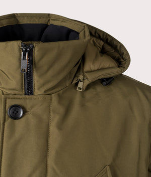 BOSS Relaxed Fit Osiass Parka Jacket in Open Grey, 100% Polyester. Detail Shot at EQVVS