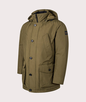 BOSS Relaxed Fit Osiass Parka Jacket in Open Grey, 100% Polyester. Angle Shot at EQVVS