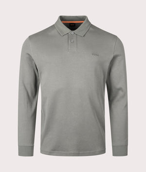 BOSS Pe Interlock Long Sleeve Polo Shirt for men in Open Grey. EQVVS Front Shot