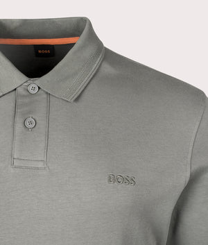 BOSS Pe Interlock Long Sleeve Polo Shirt for men in Open Grey. EQVVS Detail Shot