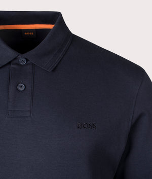 BOSS Pe Interlock Long Sleeve Polo Shirt for men in Dark Blue. EQVVS Detail Shot