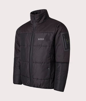 BOSS J Hamar 4 Puffer Jacket in Black, 100% Polyester. Angle Shot at EQVVS