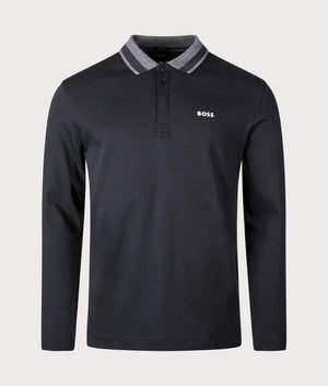 BOSS Long Sleeve Plisy Polo Shirt in Dark Blue. Shot at EQVVS. Front shot.