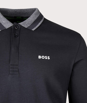 BOSS Long Sleeve Plisy Polo Shirt in Dark Blue. Shot at EQVVS. Detail shot. 