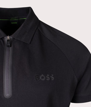 Philix Mirror Polo Shirt in Black by BOSS. Shot at EQVVS. Detail shot. 