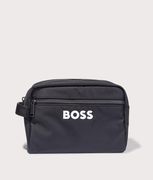 BOSS Catch 3.0 Washbag in Black, Recycled Polyester. At EQVVS Menswear. Front detail shot