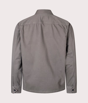 Oversized Lovel Zip 13 Overshirt in Open Grey from BOSS. Back angle shot at EQVVS.