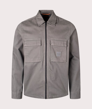 Oversized Lovel Zip 13 Overshirt in Open Grey from BOSS. Front angle shot at EQVVS.