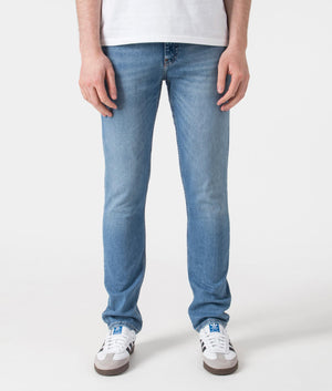 BOSS Slim Fit Delaware Jeans in Bright Blue . Shot at EQVVS. Front shot 