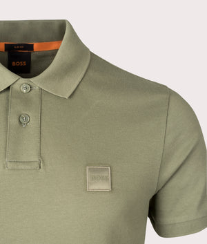 Slim Fit Passenger Polo Shirt in Open Green by BOSS. EQVVS Detail Shot.