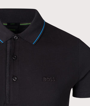 Slim Fit Paule 4 Polo Shirt in Black by BOSS. EQVVS Shot.