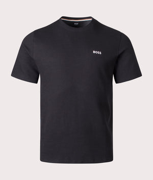 Lightweight Waffle T-Shirt in Black by BOSS. EQVVS Front Angle Shot.