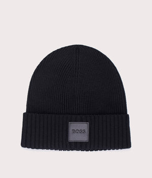 BOSS Flavio Beanie in Black. 100% responsible source Virgin wool. At  EQVVS Menswear. Front logo shot.