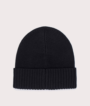 BOSS Flavio Beanie in Black. 100% responsible source Virgin wool. At  EQVVS Menswear. back logo shot.