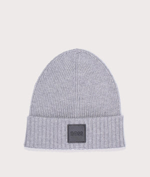 Boss Flavio Beanie in Silver. 100% responsible source Virgin wool. At  EQVVS Menswear. Front logo shot.