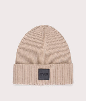 BOSS Flavio Beanie in Light Beige. 100% responsible source Virgin wool. At  EQVVS Menswear. Front logo shot.