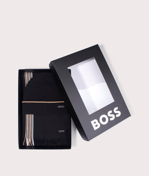 BOSS Enzo Beanie & Scarf Gift Set in Black with Beige and White banding. EQVVS Box Shot.