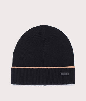 BOSS Enzo Beanie & Scarf Gift Set in Black with Beige and White banding. EQVVS Front Shot.