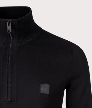 BOSS Kanobix Quarter Zip Sweatshirt in Black, Cotton/Cashmere Blend. At EQVVS Menswear. Front logo shot