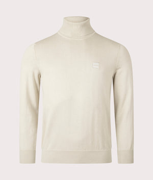 BOSS Akiro Rollneck Jumper in Light Beige, Cotton/Cashmere Blend. At EQVVS Menswear. Front detail shot